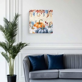 Blue Pumpkin Wall Art Decor for Living Room Bedroom Kitchen Office Hotel, Thanksgiving Eucalyptus Fall Maple Wooden Framed Canvas Picture Oil Painting with Wrapped Design - Ready To Hang 8"x8"