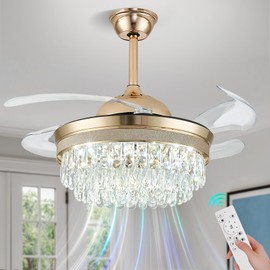 Cainjiazh 42" Dimmable Fandelier Ceiling Fan with Light Crystal Modern Chandelier Ceiling Fan Retractable Chandelier Ceiling Fans 6 Speeds Invisible LED Flush Mount Crystal Fandeliers(Gold)