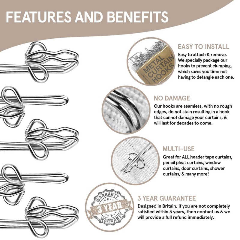 Smith’s® 100x Metal Curtain Hooks | Chrome, Silver, Curtain Header