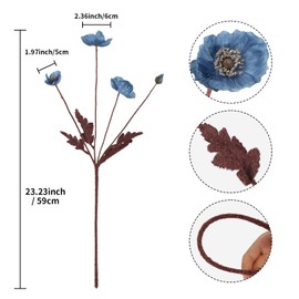 IPOPU Dsuty Blue Flowers Artificial Poppies 8pcs Fake Poppy Flowers with Stems Silk Flower Arrangements for Wedding Table Centerpieces for Home Bridal Shower Party Decor (Blue)