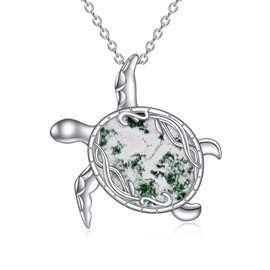 YAFEINI Turtle Necklace Sterling Silver Sea Turtle Moss Agate Necklace Sea Turtle Moss Agate Jewellery Gifts for Women Girls, Sterling Silver