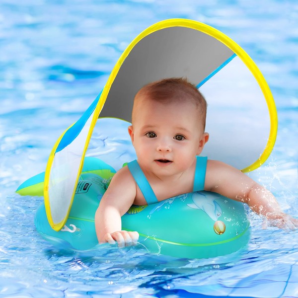 No Flip Over Baby Pool Float with Canopy UPF50+ Sun Protection, Sponge Safety Support Bottom, Fun Gifts Water Toys Accessories Inflatable Baby Swim Floats for Pool 3-36 Months