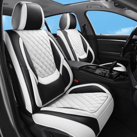 Sxikin Car Seat Covers Full Set, Luxury Leather Waterproof Non-Slip Seat Protector Universal Fit for Most Cars SUVs Trucks Pick-ups,White and Black Car Accessories Interior(Full Set White)