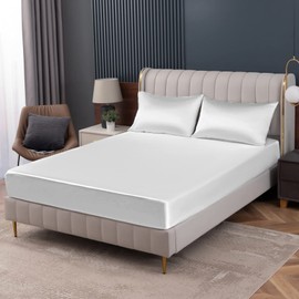 Homiest White Satin Fitted Sheet Queen Size Fitted Bed Sheet, Deep Pocket Fitted Sheet Only, Luxury & Ultra Soft Bedding Fitted Sheet Single Bottom Bed Sheets Sold Separately