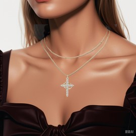 BUBGDYFO Paved Cross Rotated Crown Necklace, Dainty Diamond Cross Zircon Necklace, 14K Gold Plated, Silver Jewelry Set (SILVER)