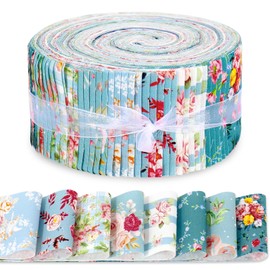 FYSUIMU 40Pcs Floral Cotton Fabric Strips Watercolor Rose Fabric Bundles Green Blue Flower Quilting Patchwork for DIY Sewing Craft Decor, 2.6 x 39.4 Inch