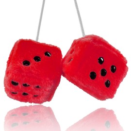 Pair 3” Red with Black Dots Mirror Fuzzy Plush Dice, Red and Black Soft Plush Car Decorative Hanging Ornament.