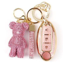 Rayslesan Cute Key Fob Cover with Rhinestone Bear Charm, Bling TPU Smart Key Case for Women, Compatible with Nissan Rogue Armada Pathfinder Versa Juke Quest Sentra Infiniti EX35 (3-Button, Gold Pink)