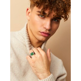 Bestyle Chunky Band Ring for Men, Stainless Steel Ring with Engraving, Synthetic Gemstone Black Onyx/Emerald/Sapphire/Ruby 10 x 12 mm, Men's Ring, CZ Biker Ring, Pinky Jewellery, Size 54-72, Stainless