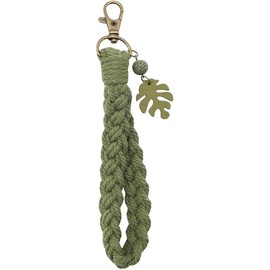 Decorative Macrame Keychain with Monstera Leaf Charm, Braided Cotton Rope, Olive Green