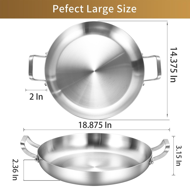 Inqibee 14-Inch Tri-Ply Stainless Steel Paella Pan,Large Skillet,Griddle Pan,Large Frying