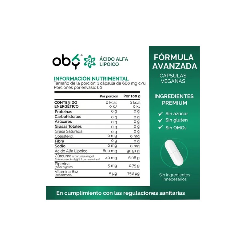 Acido Alfa Lipoico 600 mg con Curcuma, Piperina y Vitamina