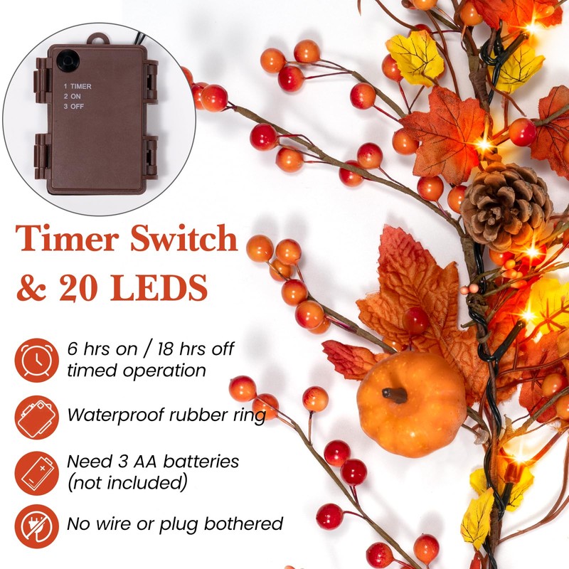 6 FT Fall Garland with 20 Lights & Timer, Pre-lit