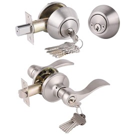 Keyed-Alike Door Levers and Double Cylinder Deadbolts Combination Sets Locksets in Satin Nickel,with Same Key,Reversible for Right/Left Handed Doors,4Pack