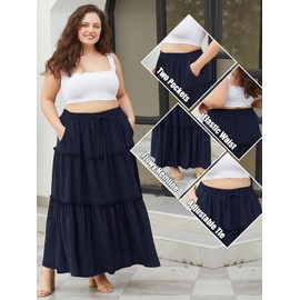 Moon Wood Women's Plus Size Maxi Skirt High Waisted Pleated A Line Flowy Tiered Long Skirts with Pockets Navy Blue