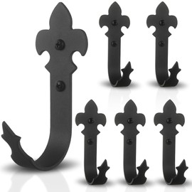 AKBFOX Wrought Iron Decorative Wall Hooks, Fleur De Lis Wall Hooks, Cast Iron J Hooks, Heavy Duty Wall Mounted Hooks for Garage Storage Farmhouse Garden Tool Garden Shed Hanging Hose Ladder Chair