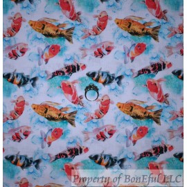 Signature BonEful Fabric FQ Cotton Quilt White Blue Gold Fish Sea Water Ocean Scenic Sushi