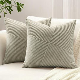 Sungeek Set of 2 Soft Corduroy Decorative Cushion Covers 45x45cm Striped Pinwheel Patchwork Textured Throw Pillow Cases Farmhouse Solid Square Pillow Cover 18x18 Inch for Sofa Bed Couch, Neutral Taupe