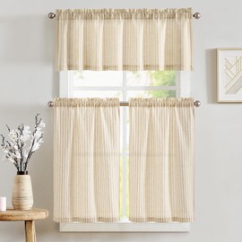 jinchan Striped Kitchen Curtains and Valance Set 36 Inch Tier Curtains Natural Ticking Stripe Linen Small Drapes Pinstripe for Cafe Living Room Bathroom Farmhouse 3 Pieces Set Rod Pocket Beige