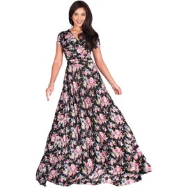 KOH KOH Womens Womens Long Cap Short Sleeve Floor Length Floral Flower Print Printed V-Neck Casual Summer Spring Sundress Elegant Modest Gown Gowns Maxi Dress Dresses, Black & Pink L 12-14