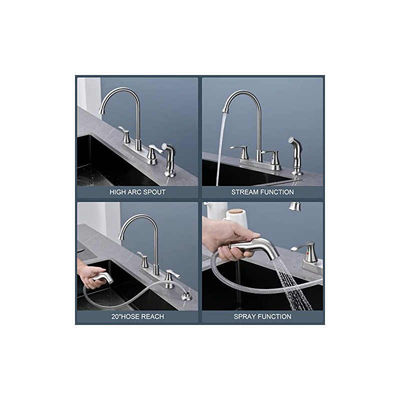 Kitchen Faucet with Side Sprayer, Brushed Nickel 2-Handle Faucet for