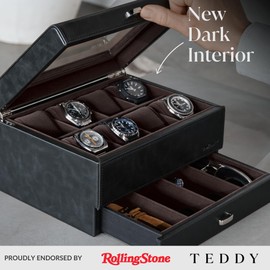 TAWBURY 8 Slot Watch Box with Storage Drawer | Elevate Your Collection with this Premium Black PU Leather Watch Box for Men | Featuring Extra-Wide Pillows for Oversized Watches (Black/Charcoal)