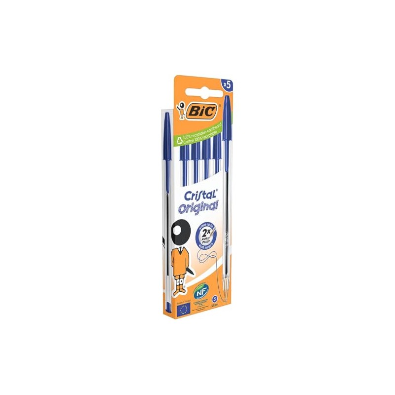BIC 5 Cristal Ballpoint Pens Blue Ink Pack of 5