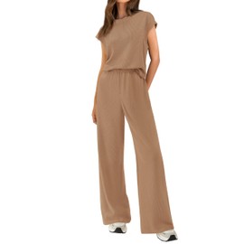 BTFBM Women Two Piece Outfits Summer Short Sleeve Knit Tops Wide Leg Pants Lounge Matching Sets Sweatsuit Airport(Solid Khaki,Small)