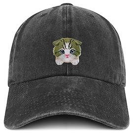 Trendy Apparel Shop Scottish Fold Cat Embroidered Patch Pigment Dyed Low Profile Cotton Baseball Cap - Black