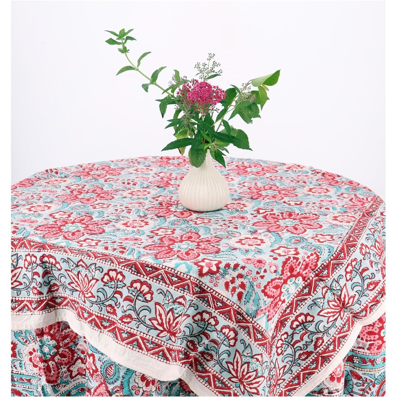 GURU SHOP Square Tablecloth, Handmade, Block Print Tablecloth - Red/Aqua,