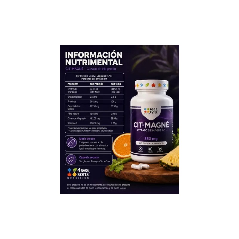 Seasons Nutrition Cit Magné Citrato Magnesio 850 Suplemento Alimenticio Fórmula