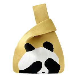 ANIMQUE Crochet Tote Bag for Women Wrist Bag Gift Bag Shoulder Bag Small Knitted Sleeve Knot Bag Portable Purse Tote Cute with Panda Pattern, Myxm- Yellow