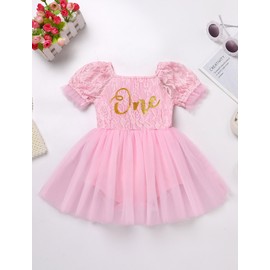 FYMNSI Baby Girl 1st Birthday Outfit Floral Lace Short Sleeve Bodysuit Dress with Headband Princess Photoshoot Clothing Set, pink