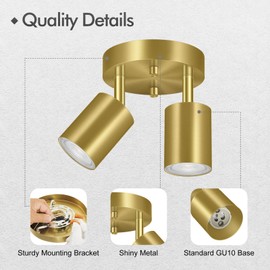 2 Light Track Lighting Fixtures Ceiling, Gold Round Directional Ceiling Spotlight, GU10 Flush Mount Ceiling/Wall Fixture, Adjustable Modern LED Track Lights for Kitchen/Living Room, Bulb Not Included