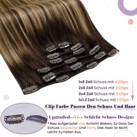 LaaVoo Clip-In Human Hair Extensions, 40 cm, Balayage Remy Hair Clip, Double Wefts, Ombre Straight Hair, Dark Brown with Caramel Blonde, Full Head, 120 g, 7 Pieces