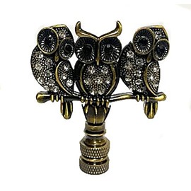 3 OWL LAMP SHADE FINIAL ANTIQUE BRASS W/CRYSTAL BEADS... 1/4-27 FINIAL THREAD