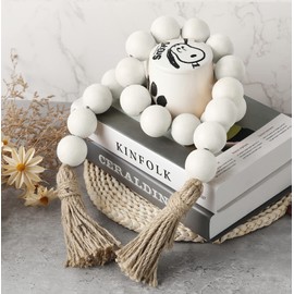 Large White Wooden Beads Garland Farmhouse Decor 50inch long with 1.6" Diameter beads, Wood Beads Decor Tassel Garland Decorative Boho Country Decoration for Coffee Table Home Tiered Tray Wall Hanging