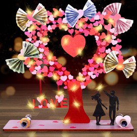 Money Gift Wedding Wood with Fairy Lights, Wedding Gifts for Bride and Groom Money, Heart-Shaped Gift for Wedding Anniversary Made of Wood (Coloured Wooden Panels), Money Tree Wedding Ideas (Red)