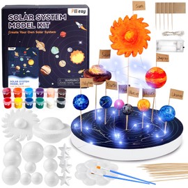 Pllieay Solar System Model Kit, Solar System Foam Ball Kit for Kids Science Project, Includes Small Light String, Foam Cylinder, Mixed Sized Foam Balls, Solar System Track Sticker and Bamboo Sticks