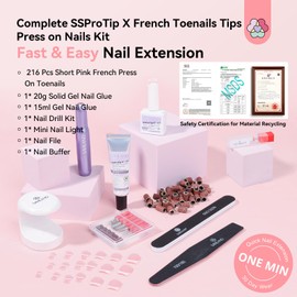 Saviland Nail Tip and Glue Gel Kit Press-On Toe Nail Short: All in One Gel Nail Kit with Tips, 216 Pieces, Pink Toe Nails, Press-on Glue, Nail Lamp, Nail Drill, Professional DIY Manicure Gift Home