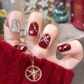 Christmas Red Press on Nails Short Square Artificial Acrylic False Nails with Gold Snowflake Love Heart Design French Fake Nails Full Cover Reusable Coffin Nails Nature Fit Stick on Nails for Women