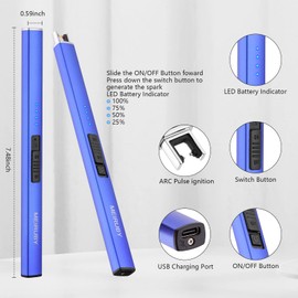 MEIRUBY Lighter Electric Candle Lighter Long Electronic Rechargeable USB Lighter Arc Windproof Flameless Lighters for Candle Camping BBQ Birthday Women's Day Gifts for Women Mom Wife Men, Blue