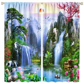 Waterfall Blackout Curtain, Surrounded Waterfall Rocky Lotus Fish Swan Landscapes Home Decor Windows Rod Pocket Curtain for Living Room Bedroom Kitchen Cafe Office Drapes 42" Wx45 L