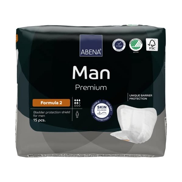 Abena Man Formula 2 Incontinence Pads for Men, Eco-Friendly Mens Incontinence Pads, Extra Protection, Breathable & Comfortable with Fast Absorption, Discreet - 700ml Absorbency, 15PK