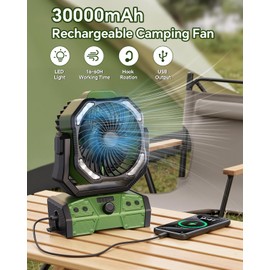 Minlebao Camping Fan with Remote, 30000mAh Rechargeable Battery Operated Tent Fans with LED Light & Hook, Quiet USB-C Fan for Outdoor Camping, Power Outage, Car, Travel(Green)