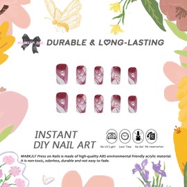 MABKJLF Press on Nails Medium Square Wine Red 24Pcs Full Cover Broken Crack False Nails with Designs Marble Glossy Glue on Acrylic Nails