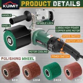 KUIMIT Burnishing Polishing Machine,1400W 110V Handheld Electric Sander Polisher with 4 Non-woven Burnishing Wheels (60# 120# 240# 320#) for Wood Stainless Steel Polishing,Lock Switch,Auxiliary Handle