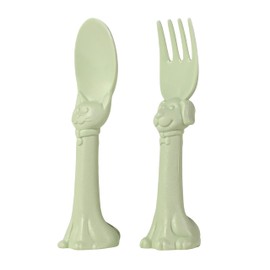 Made in USA Spoon la la Toddler Utensils Set - 2 Pack (1 Spoon & 1 Fork for Kids) - Self-Standing 3D Ergonomic Cat & Dog Handles - BPA-free, Dishwasher Safe, Baby Silverware (Mint Green)