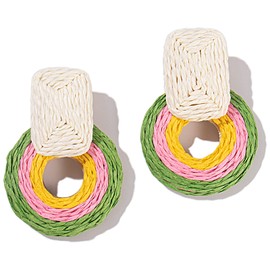 Statement Raffia Earrings Cute Boho Earrings Rattan Dangle Earrings Handmade Straw Wrap Earrings Summer Drop Dangling Earrings for Women(Green)