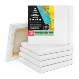 ARTEZA Stretched Canvas, 6 x 6 Inches, Pack of 12, Blank White Square Canvas for Painting for Acrylic, Oil and Gouache Paints